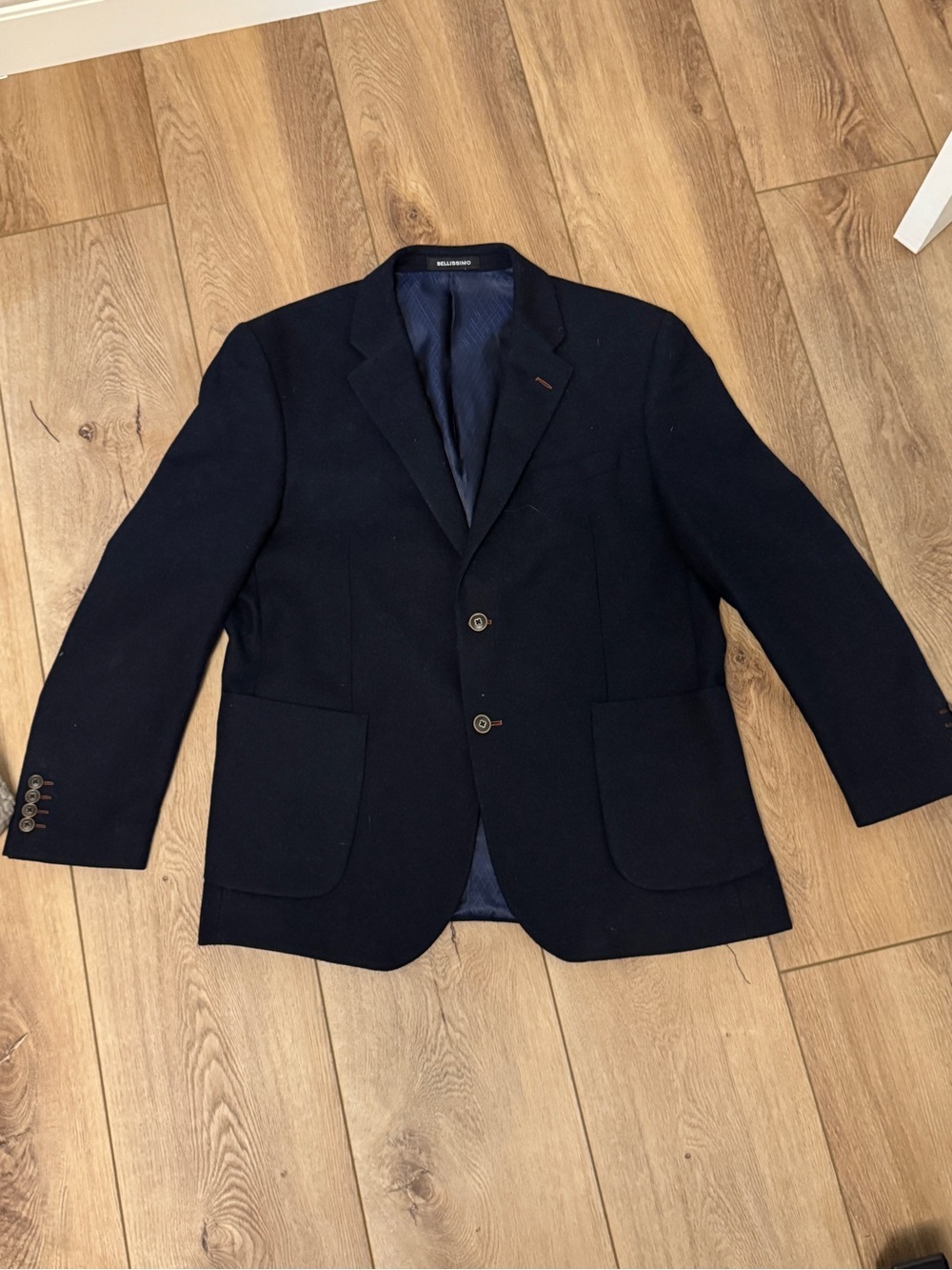 Bellissimo Tip Top Tailors wool blend Navy Blazer – 44S – Classic Two‑Button